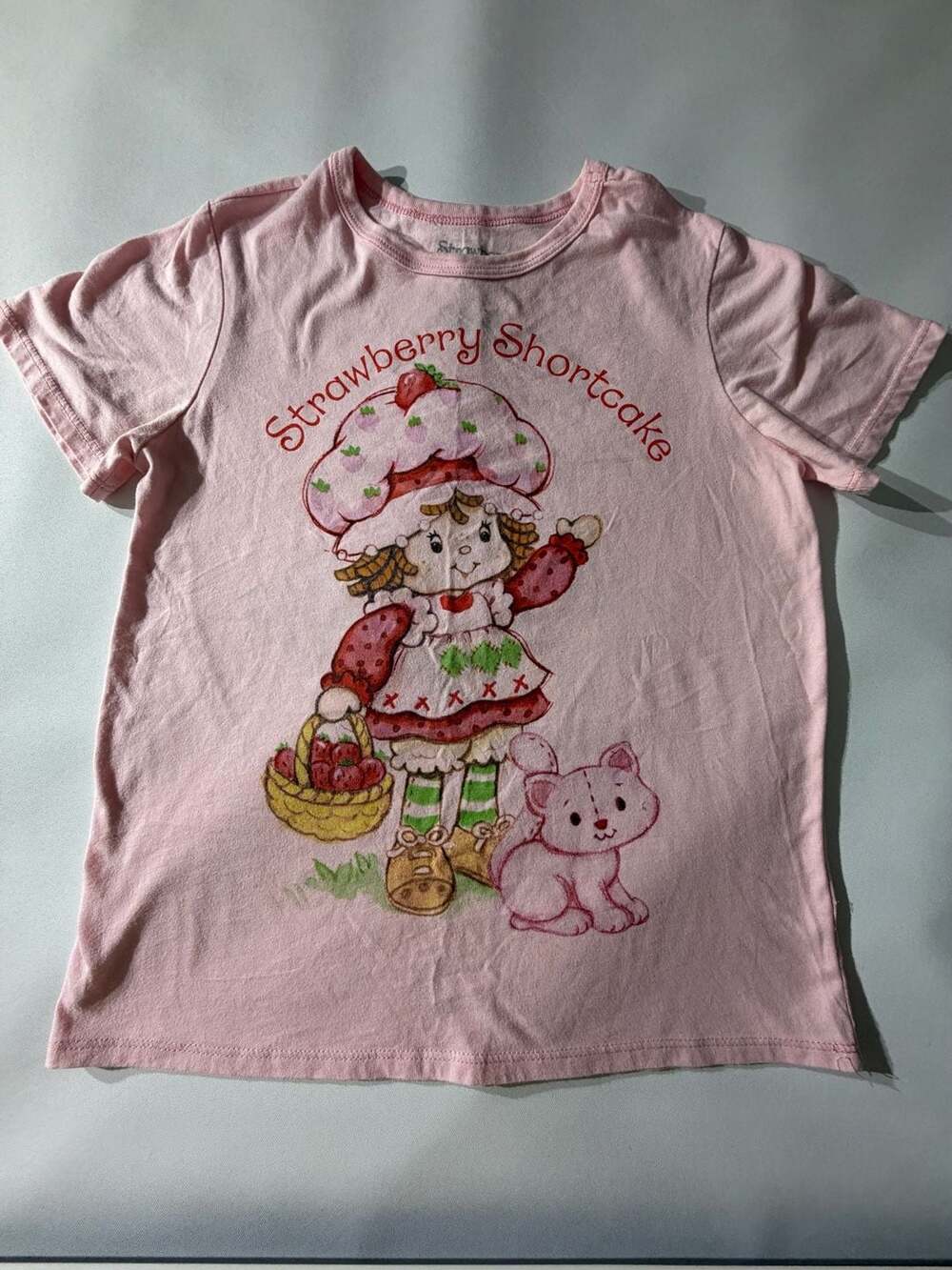 Strawberry Shortcake S Pink Baby Tee Y2K Graphic 2004 Hybrid Cartoon Cat